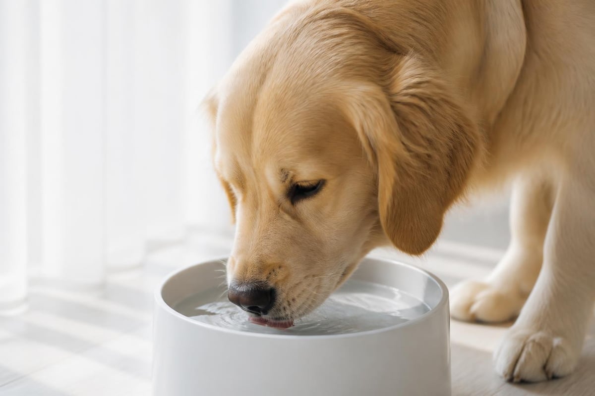 Happy dog drinking fresh water from a bowl